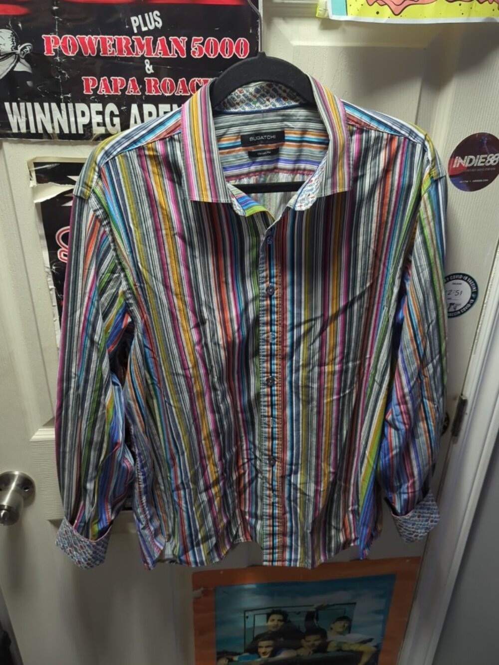 Bugatchi Uomo Shirt Adult XL Rainbow Stripes Flip Traffic Button Up Long Sleeve